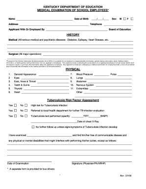 Kentucky School Employee Medical Examination Form