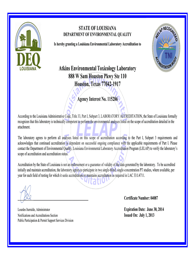 Fillable Online 115286 NELAP FY 14 Annual Certificate.pdf. Kentucky