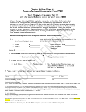 Western Michigan University Research Participant Compensation Form