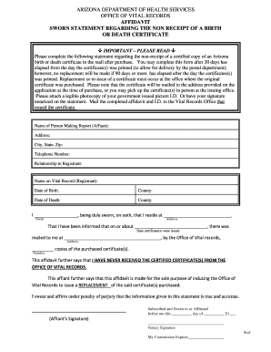 Affidavit of sworn statement - Affidavit of Non-Receipt - Arizona Department of Health Services - azdhs