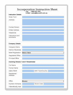 Incorporation Instruction Sheet