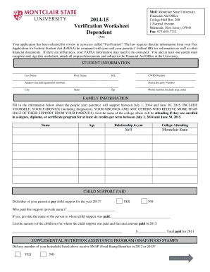Montclair State University Financial Aid Verification Worksheet