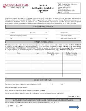 Montclair State University Financial Aid Verification Worksheet