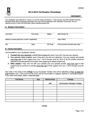 2014-2015 Verification Worksheet