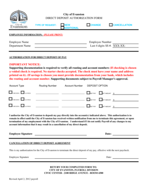 City of Evanston Direct Deposit Authorization Form