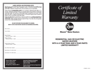 Rheem Water Heater Limited Warranty Certificate
