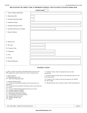 FIU-IND Branch Detail Sheet for Authorised Person and Payment System Operator