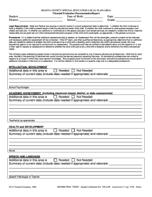 Shasta County Special Education Triennial Evaluation Form