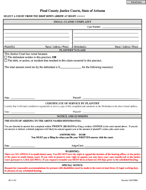 Arizona Small Claims Complaint