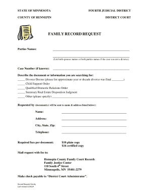 Minnesota Family Record Request Form