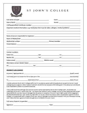 Indemnity form with ID - Aquila - St John's College