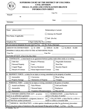 Small Claims Information Sheet