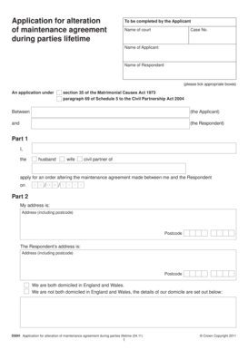 Application for Alteration of Maintenance Agreement