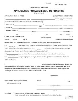 US Tax Court Application for Admission to Practice