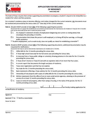 Texas Residency Reclassification Application