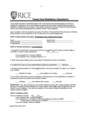 Texas Core Residency Questions Form