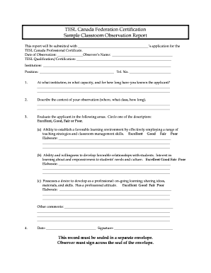 Sample Classroom Observation Form