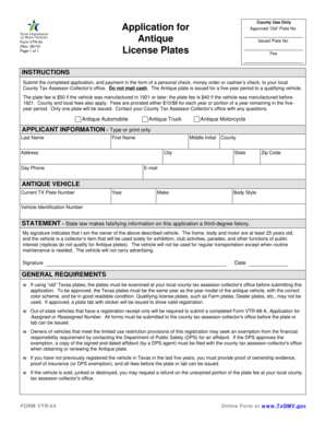 Texas Antique Vehicle License Plate Application