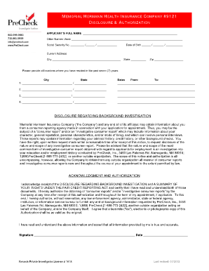 Memorial Hermann Insurance Disclosure Authorization