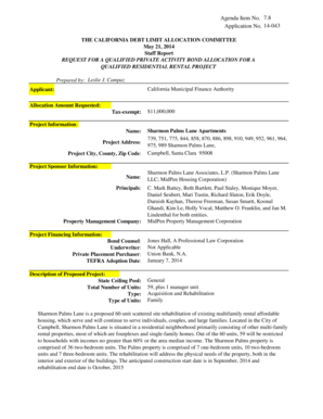 14-043 THE CALIFORNIA DEBT LIMIT ALLOCATION COMMITTEE May 21, 2014 Staff Report REQUEST FOR A QUALIFIED PRIVATE ACTIVITY BOND ALLOCATION FOR A QUALIFIED RESIDENTIAL RENTAL PROJECT Prepared by: Leslie J - treasurer ca