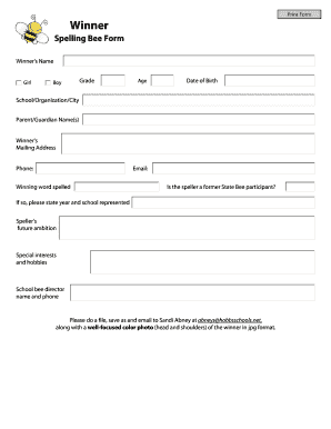 Spelling Bee Winner Form