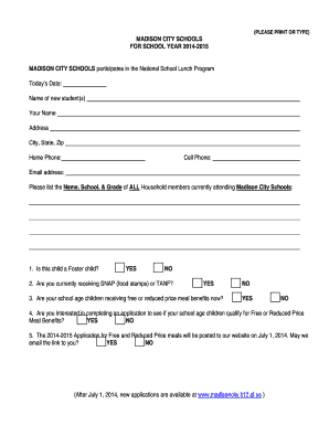 Madison City Schools Meal Application