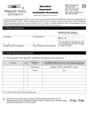 2013-2014 Dependent Verification Worksheet
