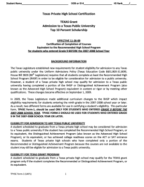 Texas Private High School Certification Form