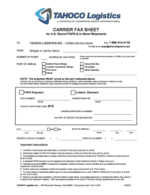 Carrier Fax Sheet for US Bound PAPS Shipments