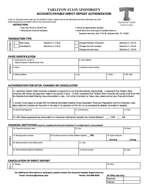 Tarleton State University Direct Deposit Authorization