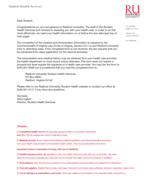 Radford University Health Record Form