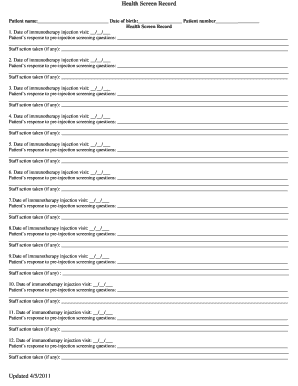 Health Screen Record for Immunotherapy