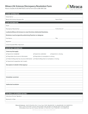 Miraca Life Sciences Discrepancy Resolution Form