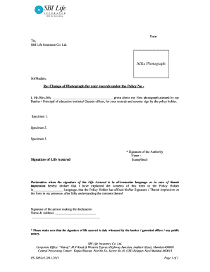 SBI Life Insurance Photograph Change Form