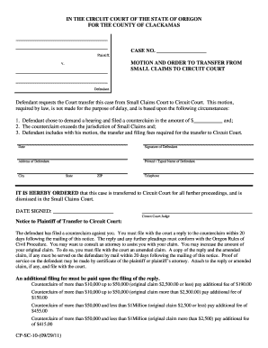 Motion and Order to Transfer from Small Claims to Circuit Court