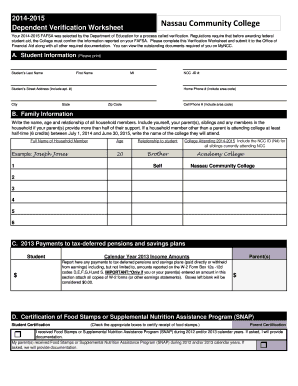 Nassau Community College Dependent Verification Worksheet