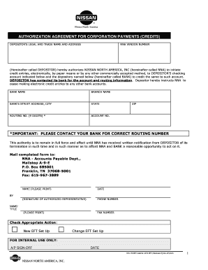 Nissan North America Authorization Agreement for Corporate Payments