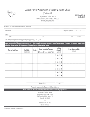Annual Parent Notification of Intent to Home School