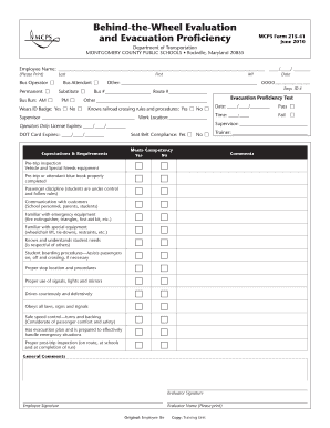 Behind-the-Wheel Evaluation and Evacuation Proficiency MCPS Form 215-41
