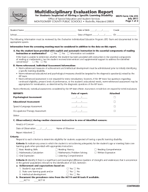 Multidisciplinary Evaluation Report for Learning Disability