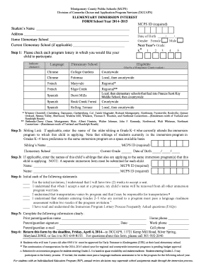 Montgomery County Elementary Foreign Language Immersion Interest Form