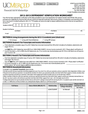 2012-2013 Dependent Verification Worksheet