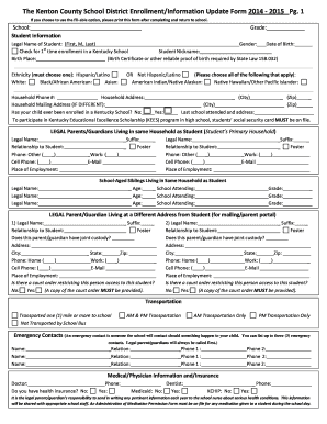 Kenton County School District Enrollment Form 2014-2015