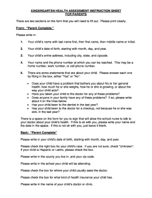 Kindergarten Health Assessment Form