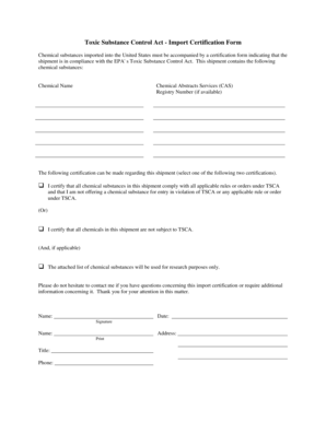 Toxic Substance Control Act Import Certification Form