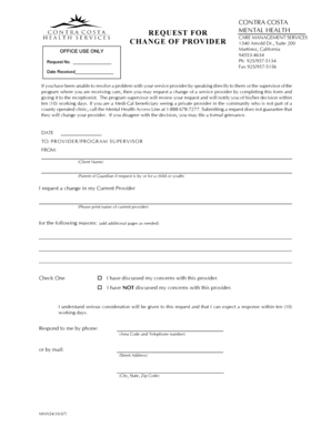 Mental Health Care Management Services Change of Provider Request