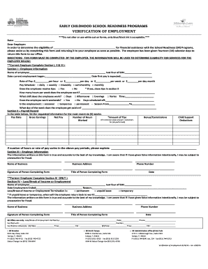 Verification of Employment for School Readiness Programs