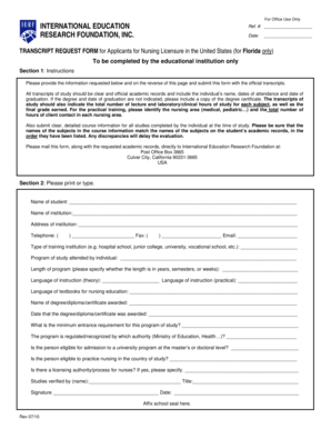 Transcript Request Form for Nursing Licensure in Florida