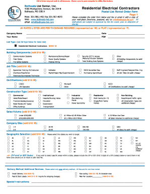 Residential Electrical Contractors Postal List Rental Order Form