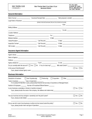 BT001 Bar and Tavern Insurance Application